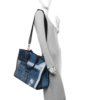 DOLCE & GABBANA DOLCE GABBANA Large Denim Patchwork Shopping Tote Blue Black