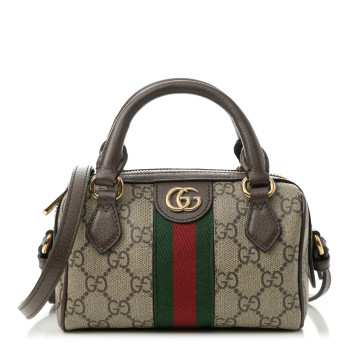 GUCCI GG Supreme Monogram Textured Dollar Calfskin Web Super Mini Ophidia Top Handle Bowler Bag Beige Ebony New Acero
