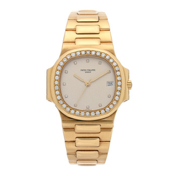 PATEK PHILIPPE 18K Yellow Gold Diamond Bezel 37mm Nautilus Quartz Watch Silver 3800/3