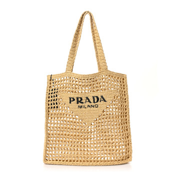 PRADA Yarn Raffia Effect Crochet Logo Embroidered Tote Bag Naturale