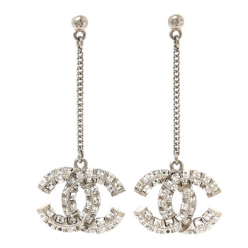 CHANEL Baguette Crystal CC Drop Earrings Silver