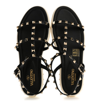 VALENTINO GARAVANI Calfskin Bedrock Rockstud Ankle Flat Sandals 38 Black White