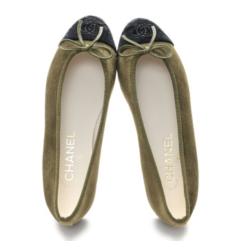 CHANEL Velvet Cap Toe CC Ballerina Flats 36 Khaki Black