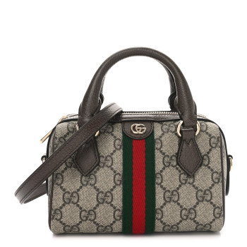 GUCCI GG Supreme Monogram Web Mini Ophidia Boston Bag Beige Dark Brown