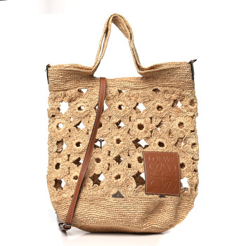 LOEWE Raffia Crochet Slit Tote Bag Natural Tan