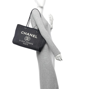 CHANEL Denim Small Deauville Tote Dark Blue White