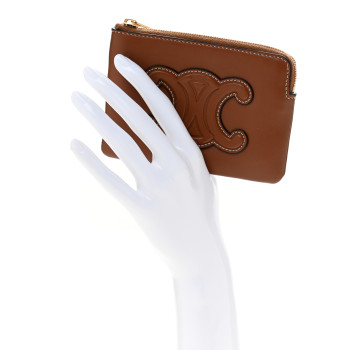 CELINE Smooth Calfskin Cuir Triomphe Coin and Card Pouch With Hook Tan