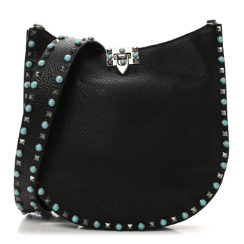 VALENTINO GARAVANI Grained Calfskin Turquoise Small Rockstud Rolling Flip-Lock Messenger Black
