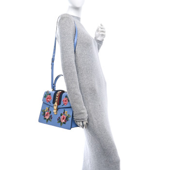 GUCCI Calfskin Embroidered Medium Sylvie Top Handle Bag Clear Sky Blue