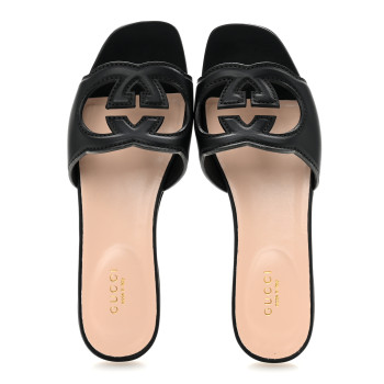 GUCCI Cosmos Softy Calfskin Interlocking G Cut Out Slide Sandals 36.5 Black