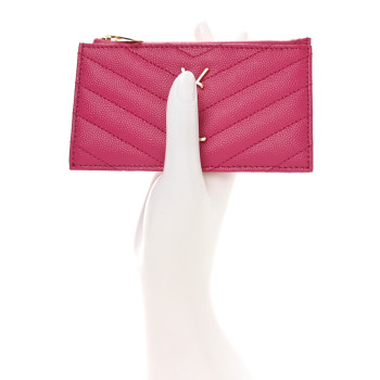 SAINT LAURENT Grain De Poudre Matelasse Chevron Monogram Fragments Zippered Card Case Fresh Fuxia