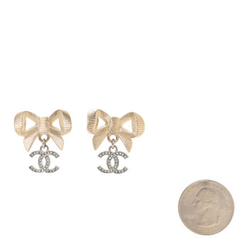 CHANEL Crystal CC Bow Drop Earrings Gold