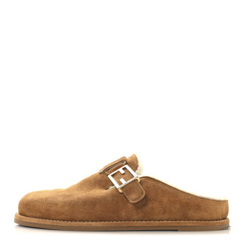 FENDI Suede Shearling Fendi Feel Buckled Clogs 39 Caramel Latte