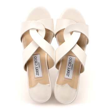 JIMMY CHOO Calfskin Cork Duclet Wedge 90 Sandals 36 White Cuoio