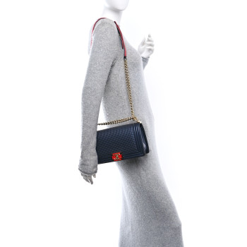 CHANEL Lambskin Embossed Medium Boy Cube Flap Navy