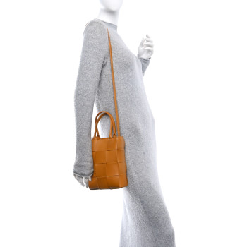 BOTTEGA VENETA Lambskin Maxi Intrecciato Mini North South Cassette Tote Camel Gold