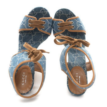 GUCCI Denim GG Monogram Cork Platform Sandals 39 Blue