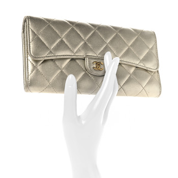 CHANEL Metallic Lambskin Quilted Large Gusset Flap Wallet Gold