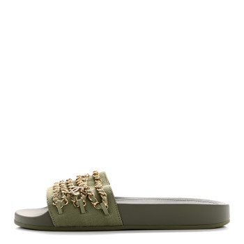 CHANEL Satin Canvas Chain Slides Sandals Flats 38 Khaki