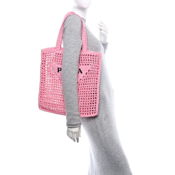 PRADA Yarn Raffia Effect Crochet Logo Embroidered Tote Bag Petalo