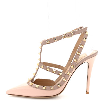 VALENTINO GARAVANI Patent Nappa Rockstud Ankle Strap 100mm Pumps 39 Water Rose Poudre