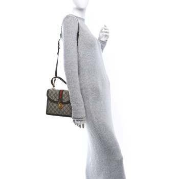 GUCCI GG Supreme Monogram Textured Dollar Calfskin Web Small Ophidia Padlock Top Handle Bag Beige Ebony New Acero