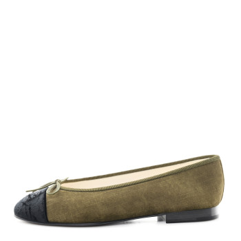 CHANEL Velvet Cap Toe CC Ballerina Flats 36 Khaki Black