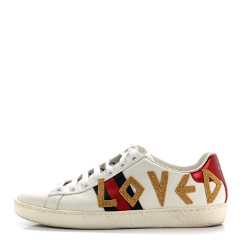 GUCCI Calfskin Nappa Web LOVED Embroidered Womens Ace Sneakers 38 White Red Flame Notte
