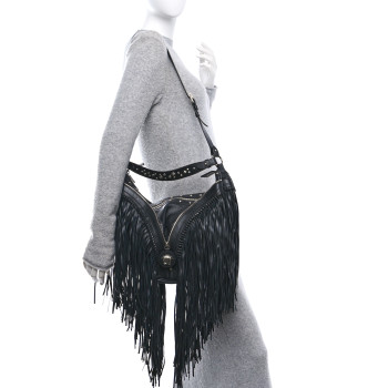 VERSACE Calfskin Studded Large Fringe Repeat Zip Hobo Black
