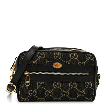 GUCCI Jacquard Black Denim GG Monogram Textured Dollar Calfskin Mini Ophidia Shoulder Bag Black Ivory