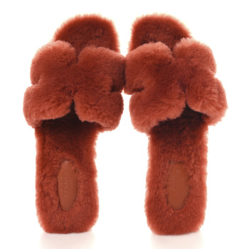 HERMES Woolskin Oran Sandals 38.5 Orange