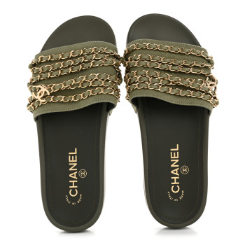 CHANEL Satin Canvas Chain Slides Sandals Flats 38 Khaki