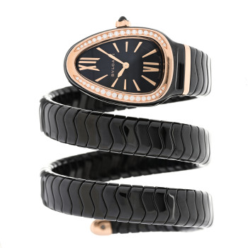 BULGARI 18K Rose Gold Ceramic Diamond Bezel 35mm Serpenti Tubogas Double Spiral Quartz Watch Black