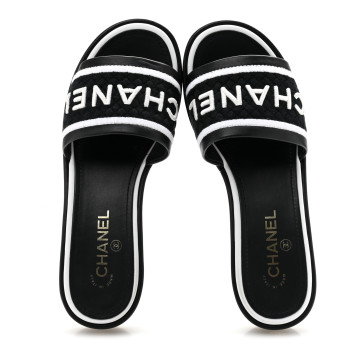 CHANEL Lambskin Embroidered CC Mule Sandal 39.5 Black White