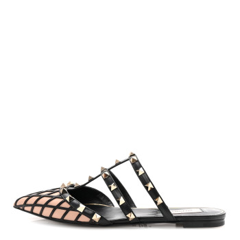 VALENTINO GARAVANI Calfskin Boudoir Rockstud Flat Cage Mules 36.5 Rose Cannelle Black