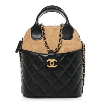 CHANEL Suede Shiny Lambskin Quilted Top Handle Clutch With Chain Black Beige