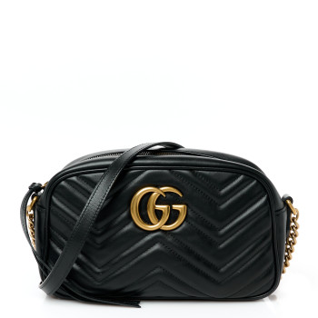 GUCCI Calfskin Matelasse Small GG Marmont Chain Shoulder Bag Black