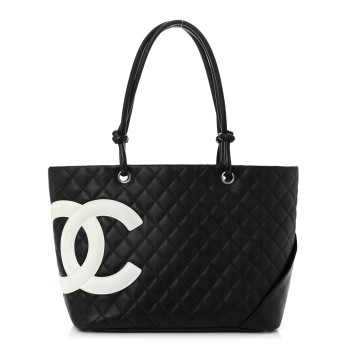 CHANEL Calfskin Quilted Large Cambon Tote Black White