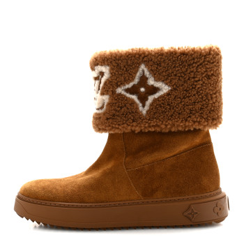LOUIS VUITTON Suede Calfskin Shearling Snowdrop Flat Ankle Boot 39 Cognac
