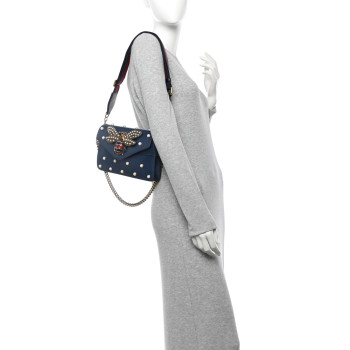 GUCCI Nappa Pearl Studded Mini Queen Margaret Broadway Shoulder Bag Blue Agata