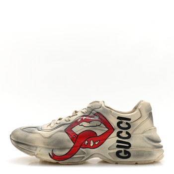 GUCCI Calfskin Mouth Print Mens Rhyton Sneakers 10 Ivory