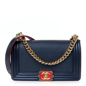 CHANEL Lambskin Embossed Medium Boy Cube Flap Navy
