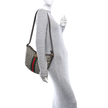 GUCCI GG Supreme Monogram Textured Dollar Calfskin Web Small Ophidia Half Moon Hobo Beige Ebony New Acero