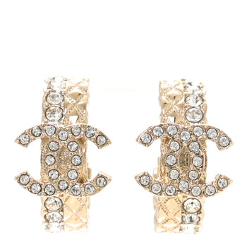 CHANEL Metal Crystal Quilted CC Hoop Earrings Gold