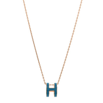 HERMES Lacquered Gold Pop H Pendant Necklace Turquoise