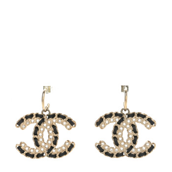 CHANEL Crystal Lambskin Chain CC Vintage Allure Stud Earrings Black Gold