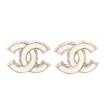 CHANEL Metal Resin CC Earrings White Silver
