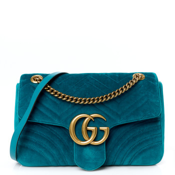 GUCCI Velvet Matelasse Medium GG Marmont Shoulder Bag Pavone Cyan