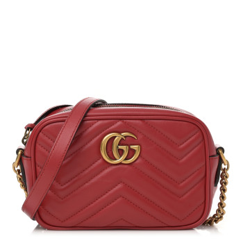 GUCCI Calfskin Matelasse Mini GG Marmont Chain Shoulder Bag Hibiscus Red