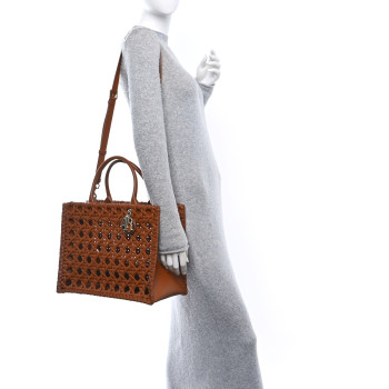 CHRISTIAN DIOR Calfskin Braided Cannage Medium Book Tote Golden Saddle